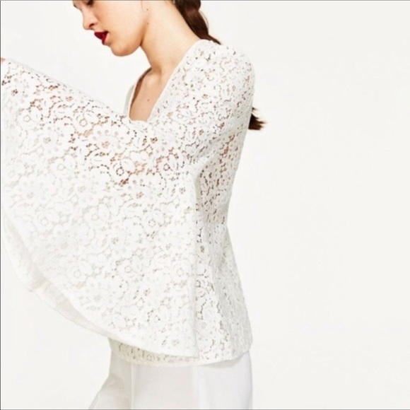 SOLD Zara Crochet Lace Exaggerated Ruffle Bell Sleeve Blouse - Picture 3 of 13